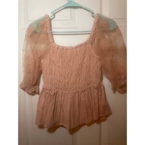 Umgee Blush Pink Smocked Peplum Top with Sheer Floral Puff Sleeves | Teen Girls